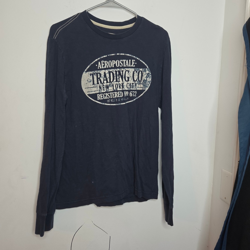 Aeropostale Trading Co Men Navy Blue Long Sleeve Graphic Shirt Size M Distressed